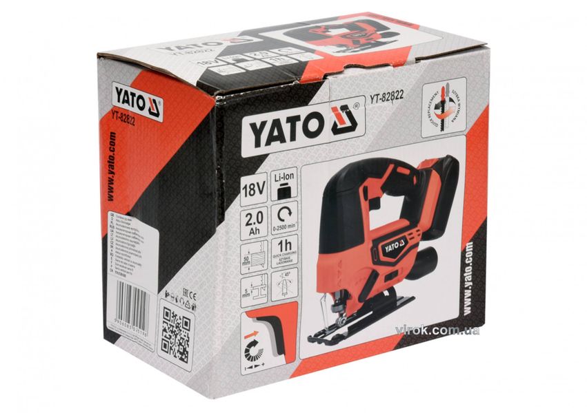 Лобзик аккумуляторный YATO YT-82822, 18В, 2Аг, до 50 мм фото