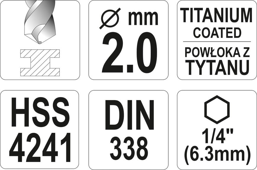 Сверло по металлу с шестигранным хвостовиком YATO 2 мм, 1/4", HSS-TiN, 72 мм фото