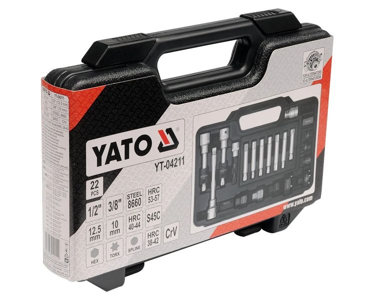 Набір насадок для зняття генераторів з муфтою YATO YT-04211, 3/8"-1/2", TORX-HEX-SPLINE, 22 од. фото