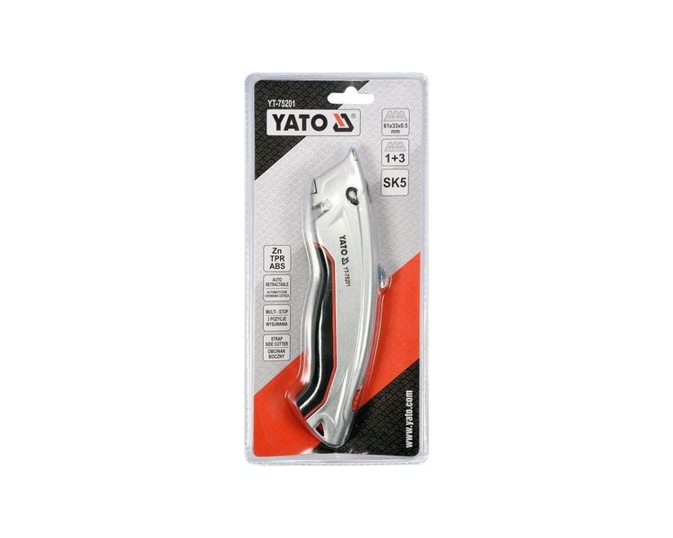 Нож трапеция YATO YT-75201, лезвие 33 х 61 мм, сталь SK5, 3 запасных лезвия фото