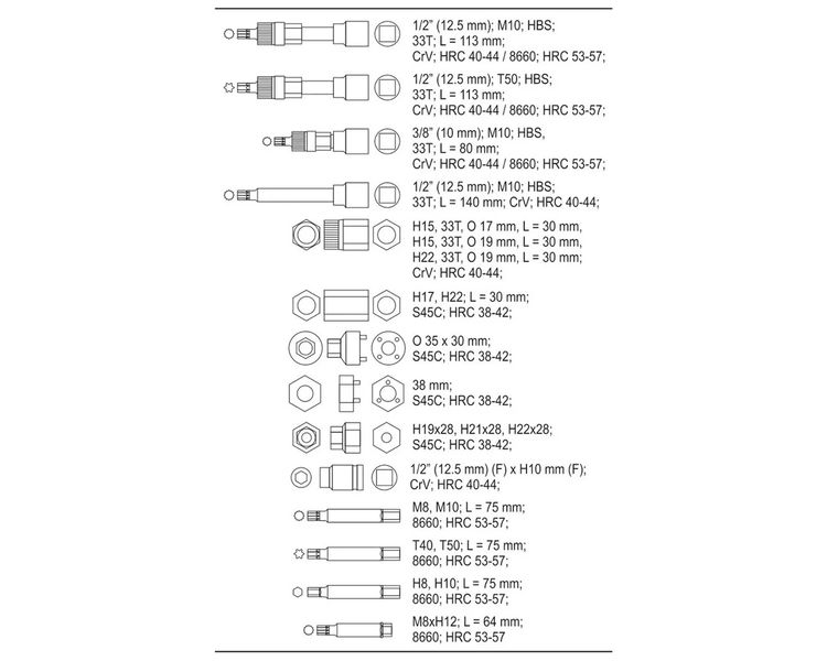 Набір насадок для зняття генераторів з муфтою YATO YT-04211, 3/8"-1/2", TORX-HEX-SPLINE, 22 од. фото