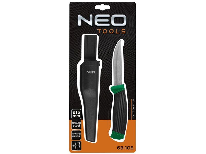 Нож универсальный с чехлом NEO TOOLS 63-105, лезвие 9.5 см, нержавеющая сталь, ручка из TPR фото
