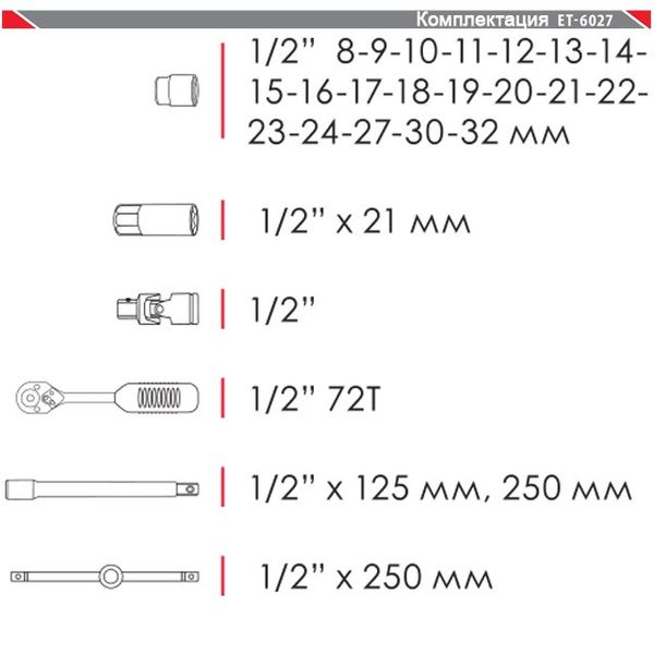 Профессиональный набор инструментов INTERTOOL ET-6027, 1/2", М8-32 мм, 26 ед фото