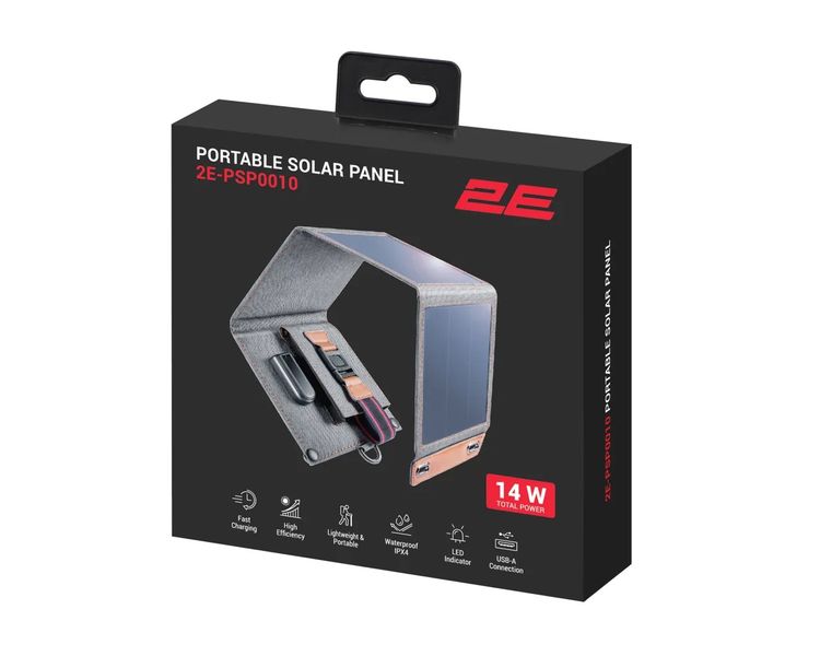 Солнечная панель портативная 14Вт для зарядки гаджетов 2E, USB-A 5В, 2.4A фото