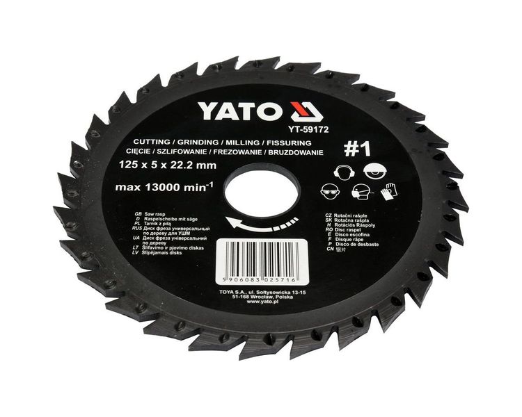 Диск шлифовально-отрезной рашпильный по дереву YATO YT-59172, 125х22.2х5 мм, №1 фото