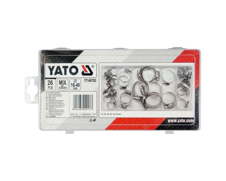 Набор винтовых металлических хомутов разных размеров YATO YT-06782, 16-40 мм, 24 шт. фото