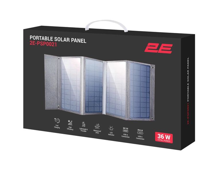 Солнечная панель портативная 36Вт для зарядки гаджетов 2E, USB-A 18Вт, USB-C 20Вт фото