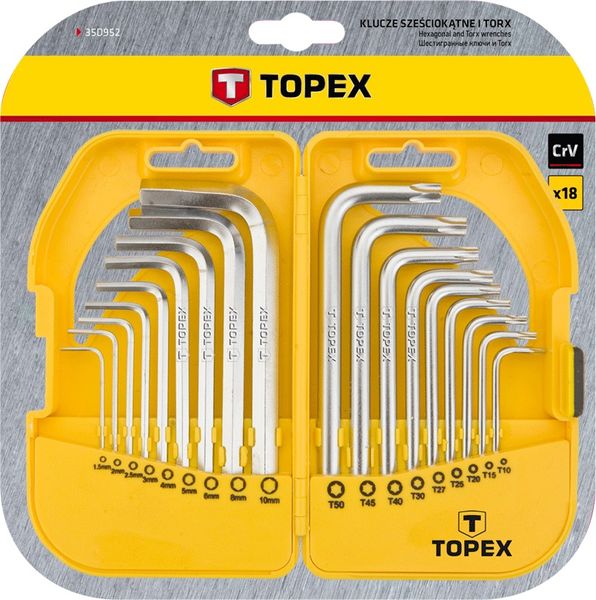Набір шестигранних ключів TORX та HEX TOPEX 35D952, HEX 1.5-10 мм, TORX T10-T50, 18 шт, CrV фото