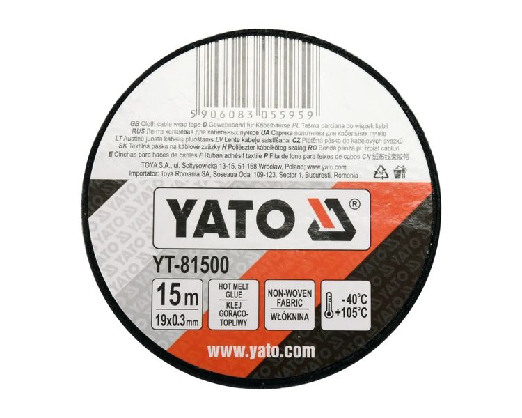 Изолента тканевая черная 15 м 19х0.3 мм YATO YT-81500, -40 +105 °С фото