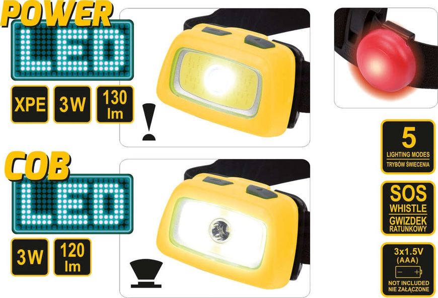 LED ліхтар на чоло на батарейках VOREL 88678, 3+3 Вт, 130+120 Лм, 5 режимів фото