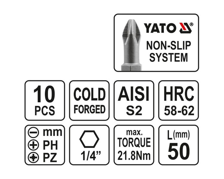 Набір біт 50 мм YATO YT-0483 Non-Slip, 1/4", PH-PZ-SL,  сталь S2, 10 шт фото