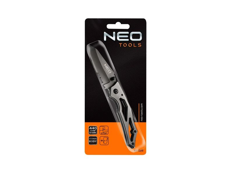 Нож титановый раскладной NEO TOOLS 63-025, лезвие 70 мм сталь 440, 175 мм фото