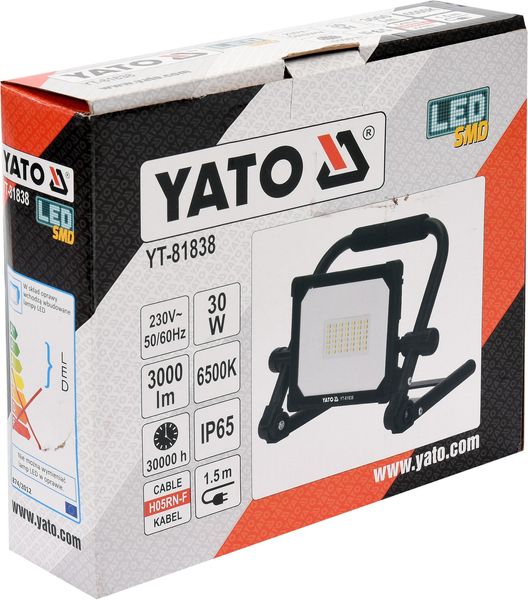 Прожектор светодиодный переносной YATO 30Вт, 3000лм, 6500К, 42шт фото