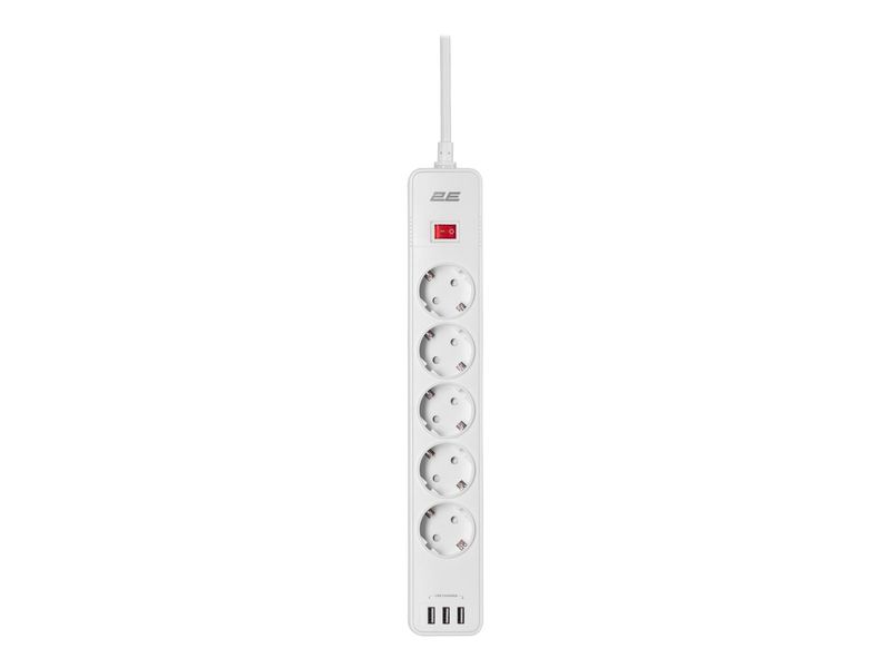 Электроудлинитель с USB (сетевой фильтр) 2E SP515M2USBWH, до 3.68 кВт, 2 м, 5 розеток, защита, 3Gх1.5 мм фото