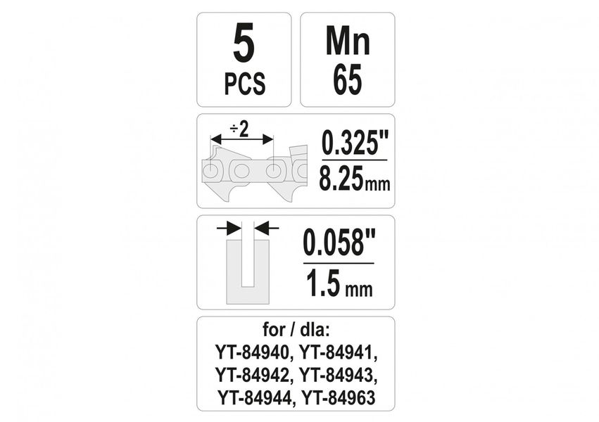 Запасні ланки для ланцюга з кроком 8.25 мм паз 1.5 мм YATO YT-84975, 5 шт фото
