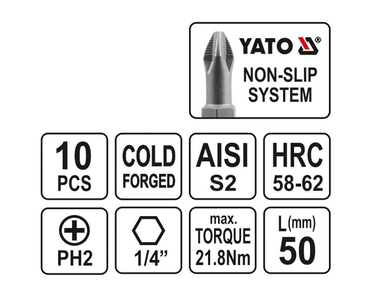 Набор бит PH2 YATO YT-0478 Non-Slip, 1/4", 50 мм, сталь S2, 10 шт фото