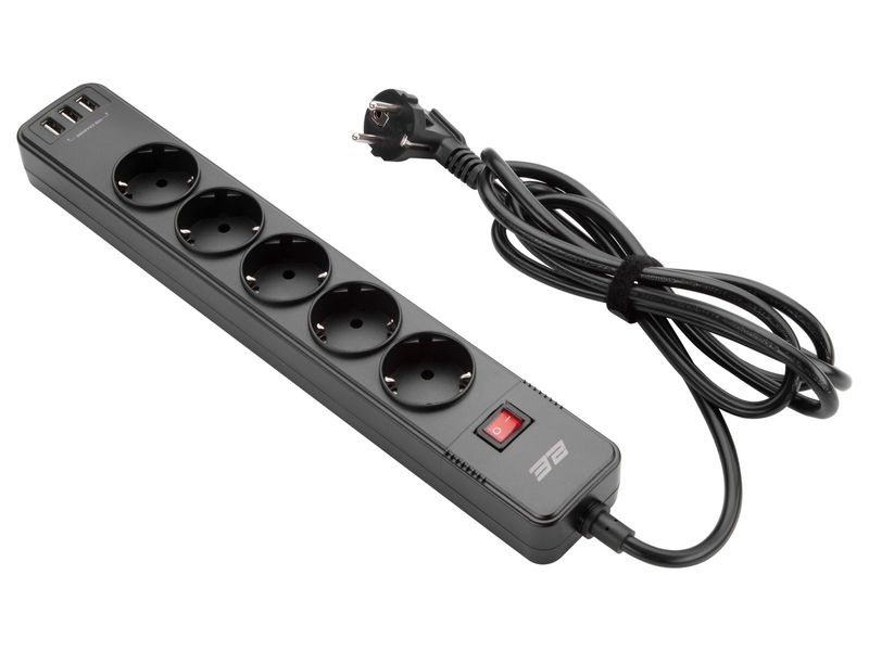 Электроудлинитель с USB (сетевой фильтр) 2E SP515M2USBBK, до 3.68 кВт, 2 м, 5 розеток, защита, 3Gх1.5 мм фото