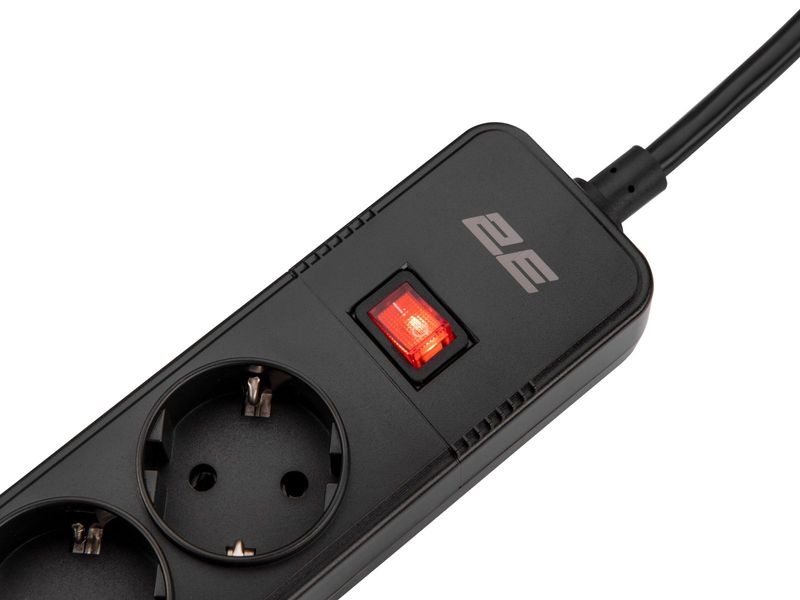 Електроподовжувач з USB (мережевий фільтр) 2E SP515M2USBBK, до 3.68 кВт, 2 м, 5 розеток, захист, 3Gх1.5 мм фото