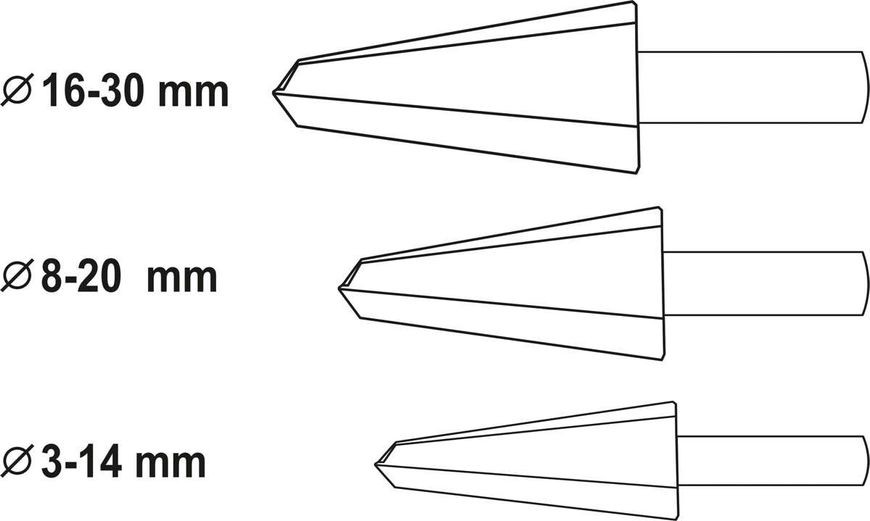 Набор конусных бесступенчатых сверл YATO YT-44730, 3-14, 8-20, 16-30 мм, 3 шт фото