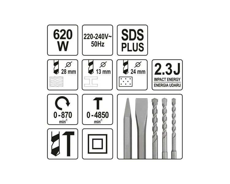 Перфоратор прямой YATO YT-82115, SDS+, 620 Вт, 2.3 Дж фото