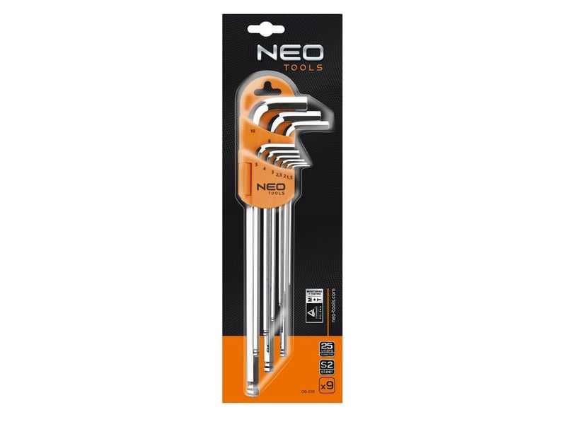 Набор шестигранных ключей с шаром NEO TOOLS 09-515, 1.5-10 мм, 9 шт, сталь S2, DIN 911, TÜV, ISO 2936 фото