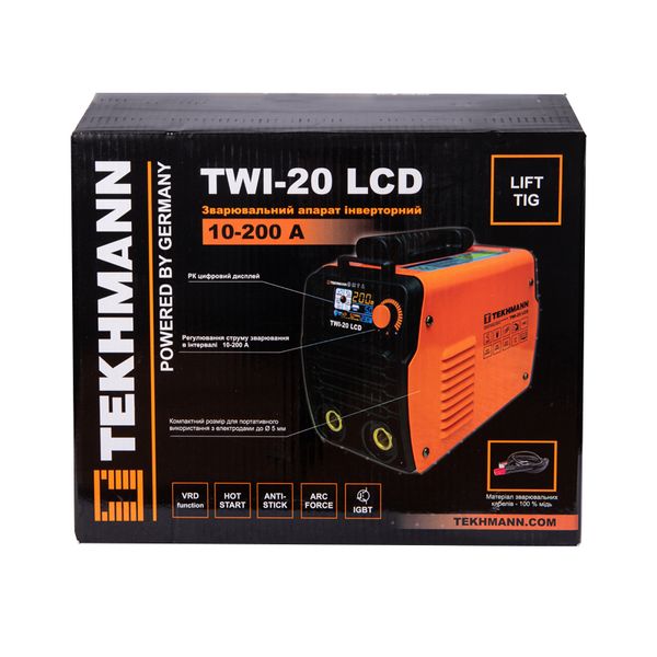 Сварочный аппарат инверторный Tekhmann TWI-20 LCD, 10-200 А, 9.8 кВА, MMA/TIG фото