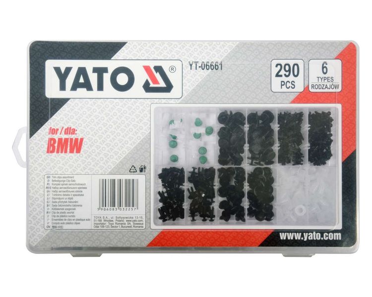 Кліпси для обшивки салону BMW YATO YT-06661, 6 типів, 290 шт фото