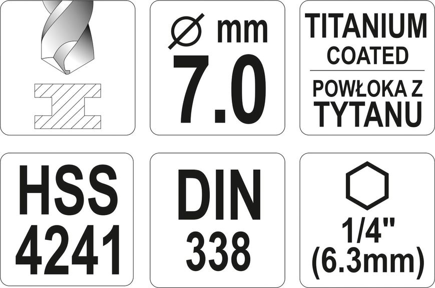 Сверло по металлу с шестигранным хвостовиком YATO 7 мм, 1/4", HSS-TiN, 109 мм фото