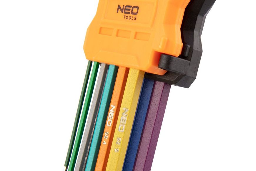 Набір шестигранних ключів з кулею NEO TOOLS 09-512, 1.5-10 мм, 9 шт, сталь S2, DIN 911, TÜV, ISO 2936 фото