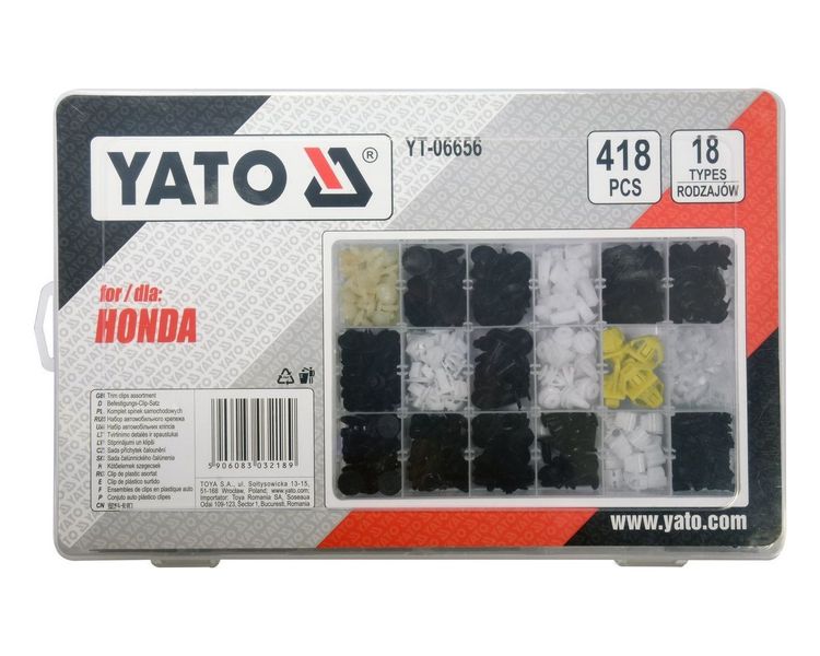 Клипсы для обшивки салона HONDA YATO YT-06656, 18 типов, 418 шт фото