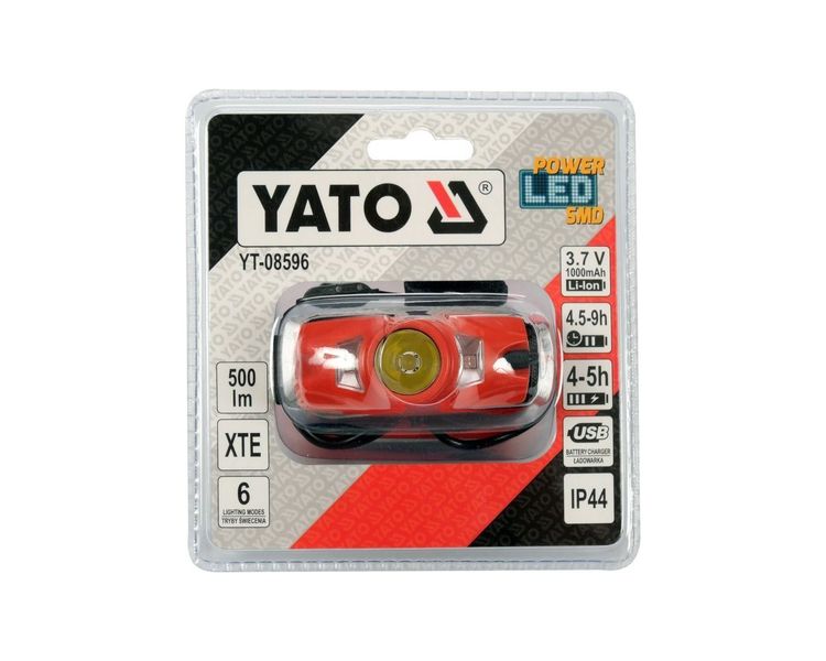 LED ліхтар на чоло акумуляторний YATO YT-08596, 3.7В, 1.0 Аг, 500 Лм, 6 режимів фото