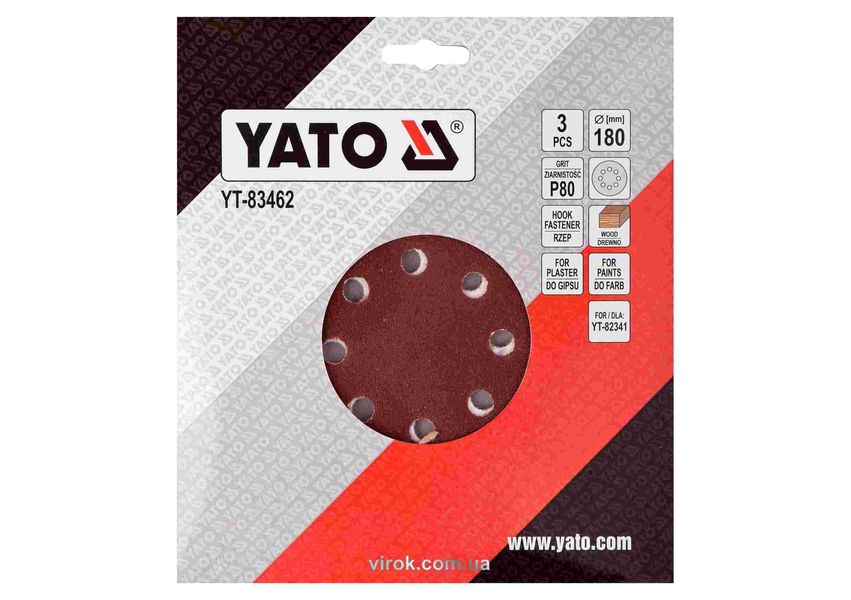 Круг наждачный шлифовальный YATO 180 мм, Р80, 3 шт. фото