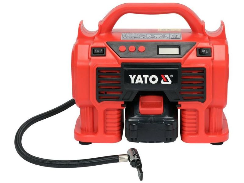 Компрессор автомобильный аккумуляторный YATO YT-23247, 18 В, 3 Ач, 1.1 МПа, 21 л/мин фото