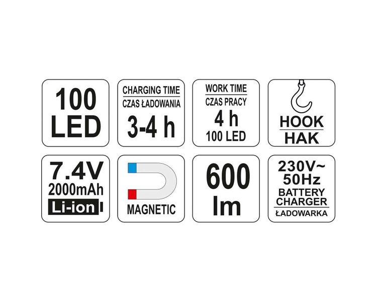 LED світильник акумуляторний підвісний YATO YT-08503, 100 діодів, 7.4 В, 2.0 Аг фото