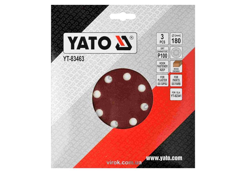 Круг наждачный шлифовальный YATO 180 мм, Р100, 3 шт. фото