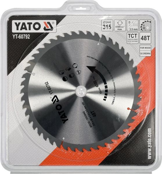 Диск пильный по дереву 315 мм YATO YT-60792, 30х3.5х2.5 мм, 48 зубців, 4500 об/мин фото
