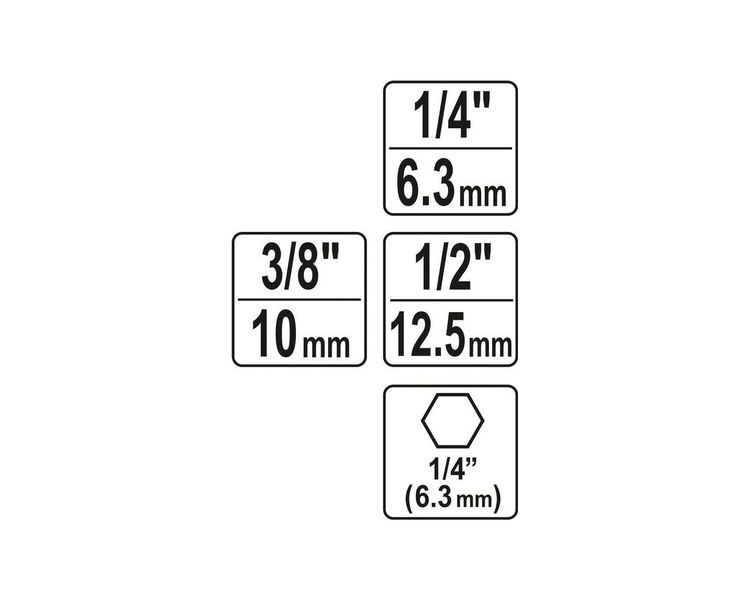 Набор адаптеров для головок HEX 1/4" - квадрат 1/4", 3/8", 1/2" YATO YT-04685, 3 шт фото