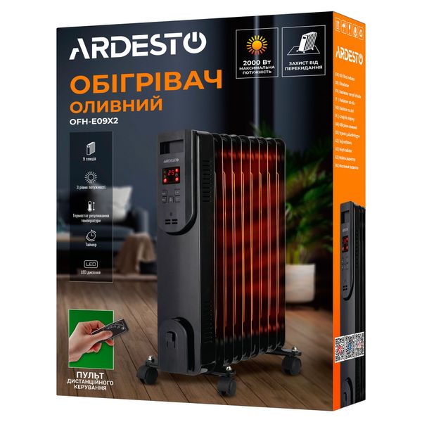 Обогреватель масляный черный до 20 м2 2000 Вт Ardesto OFH-09X1, 9 секций, механическое управление фото