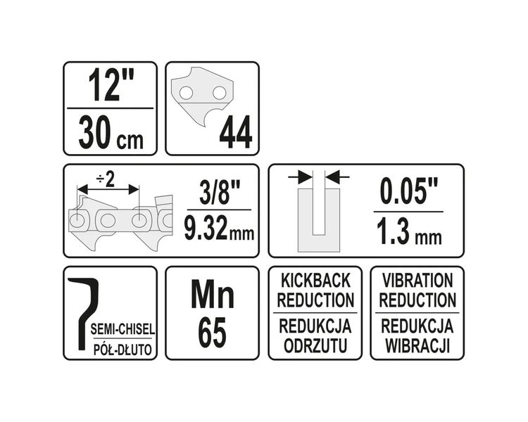 Цепь для бензопилы 44 звена шаг 3/8" YATO YT-84949, 12" (30 см), паз 1.3 мм фото